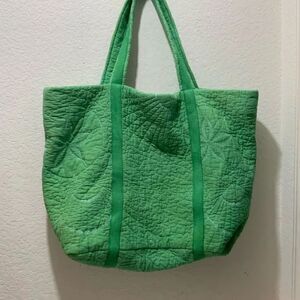 Large Quilted floral open tote bag green white stitches